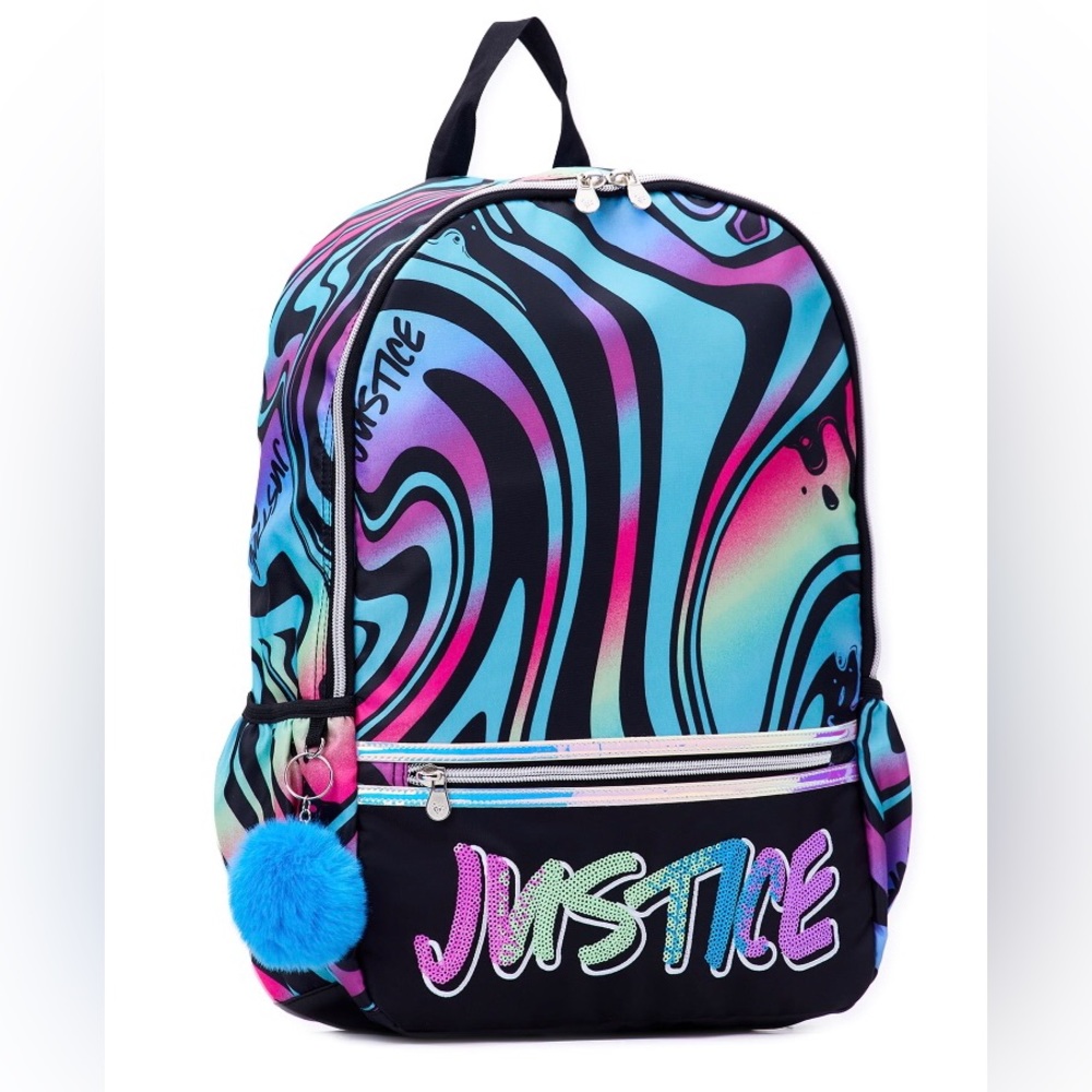 Justice Girls 17" Laptop Backpack with Pom Key Chain, Multi-Color Swirl